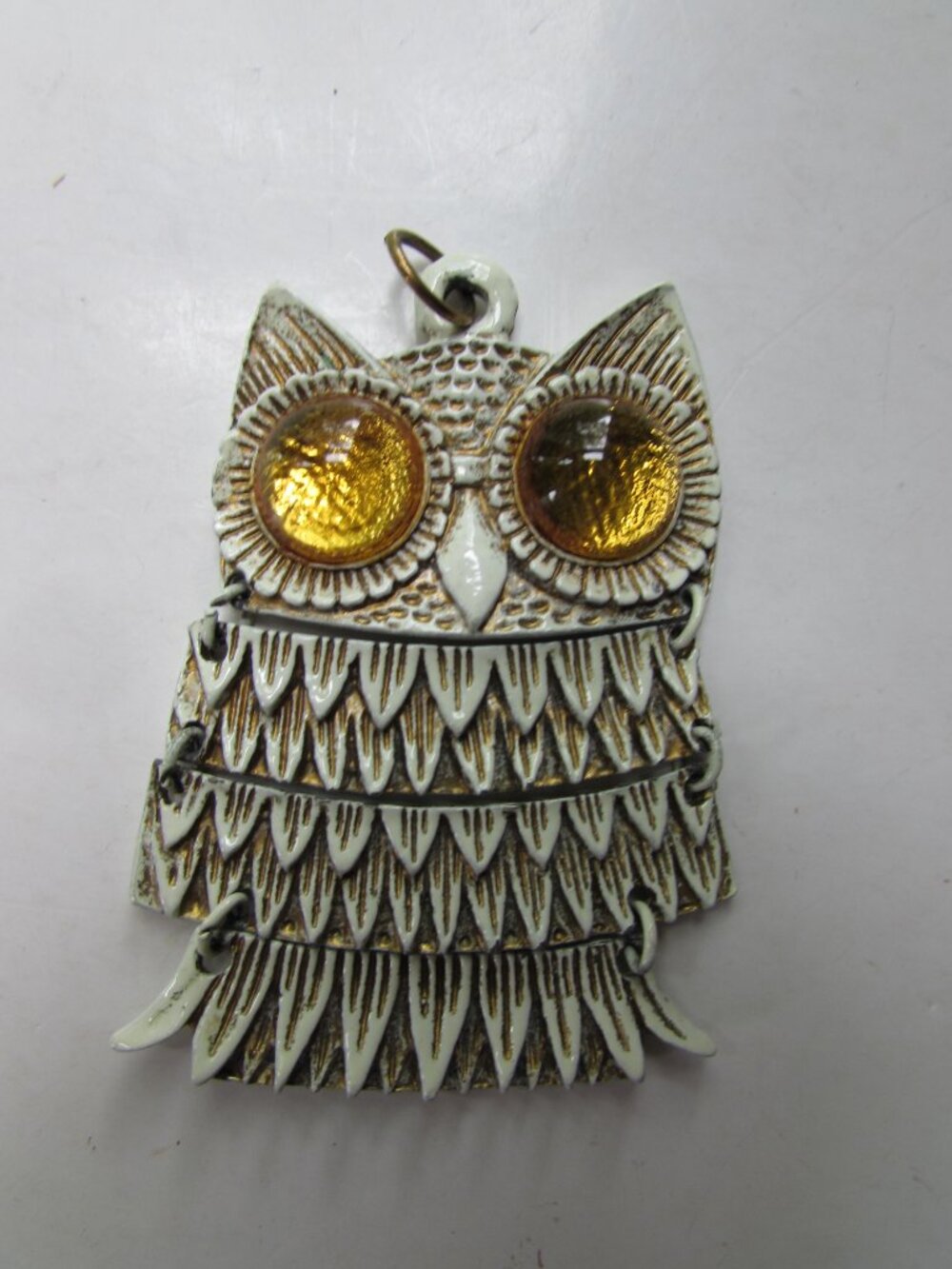 Vintage Owl Pendant White Wash Articulated Body Huge Gold Eyes